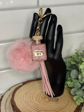 Pink Parfum No.5 Crystal Pom Pom Keychain